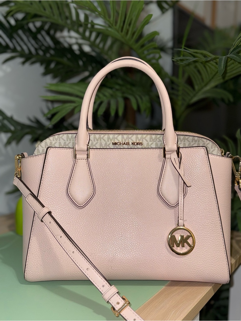 Michael Kors Blush Pink Pebbled Leather Satchel with MK Charm